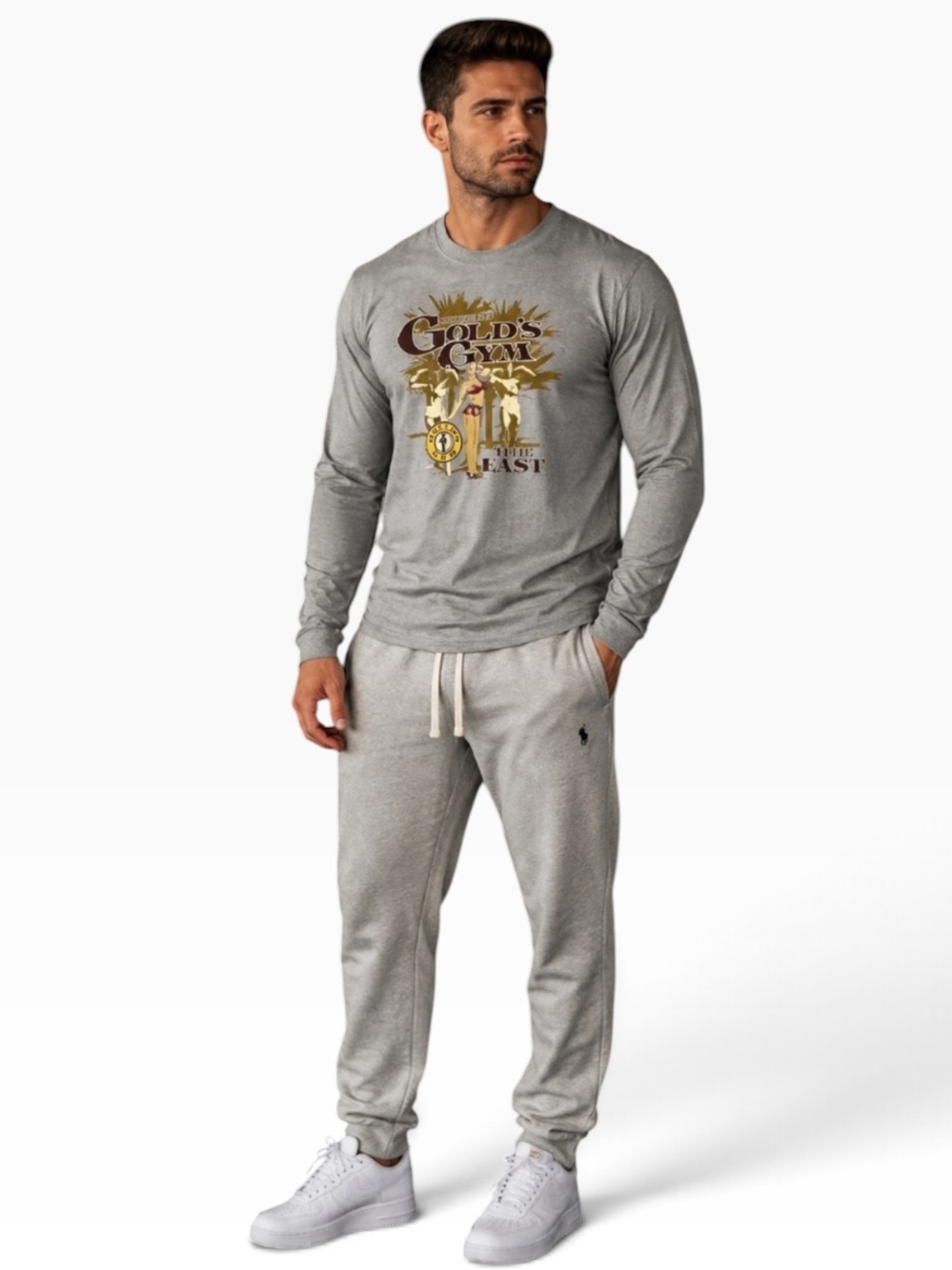 GOLD’S GYM ! Vintage 80’s Authentic Men’s Long Sleeve Gray Tee Shirt Size S NEW